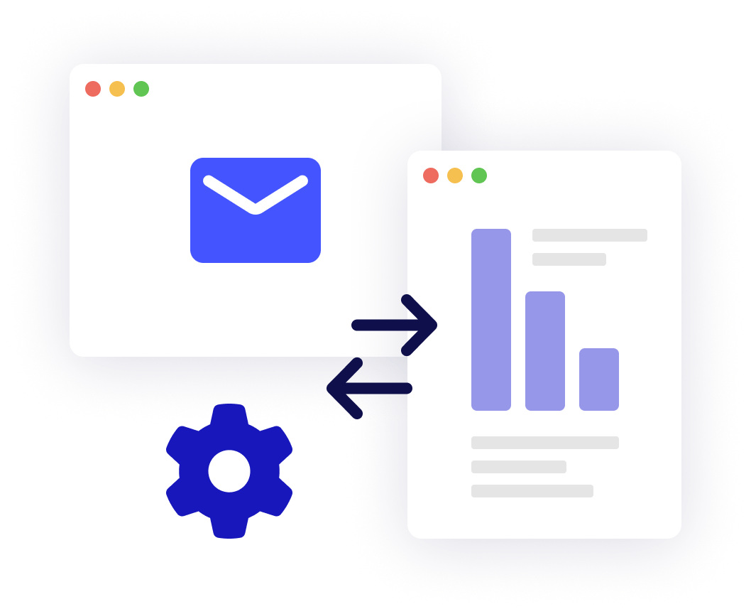 Ilustração de automação de e-mail marketing integrada a relatórios de desempenho da campanha.