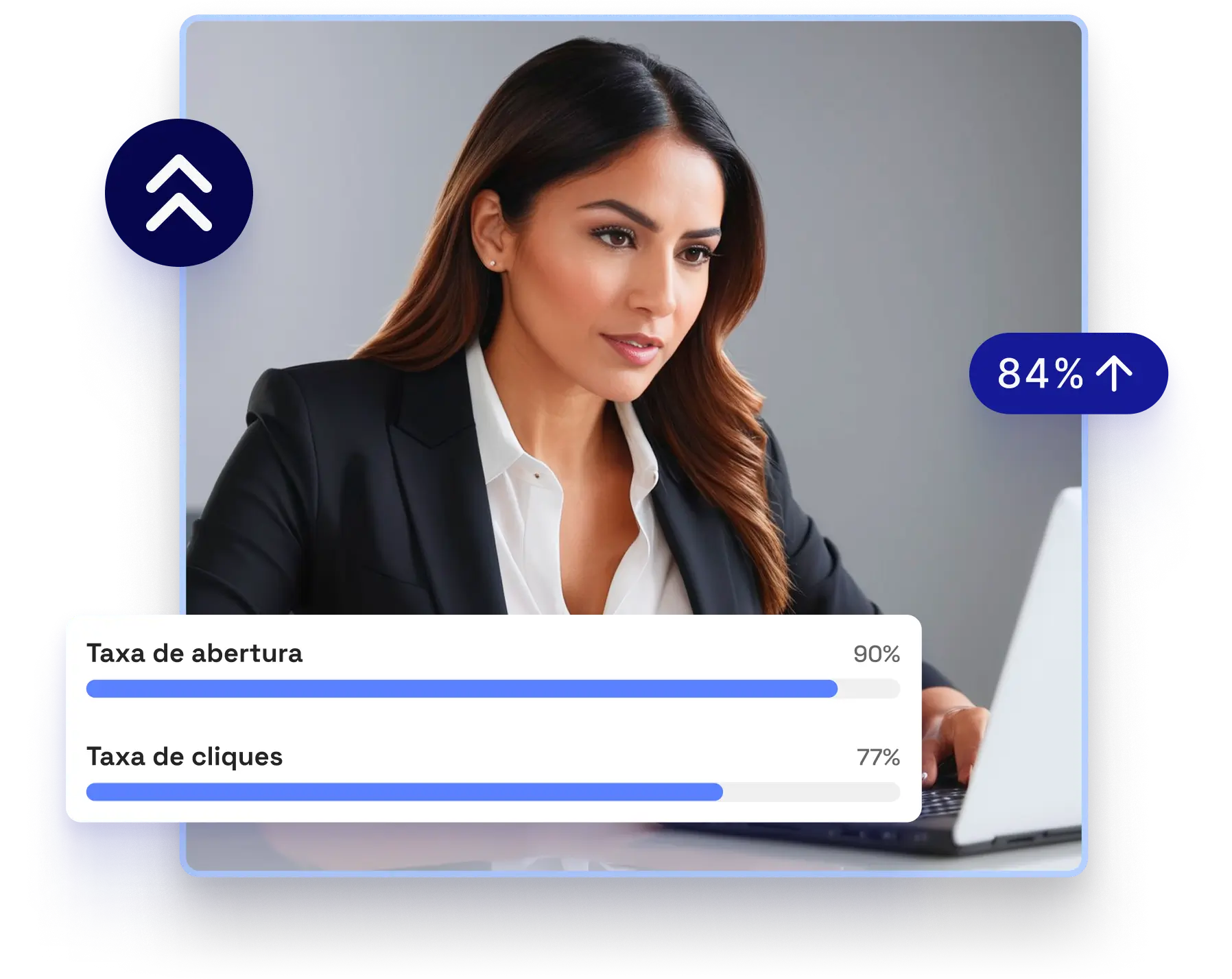Mulher analisando resultados de e-mail marketing com alta taxa de abertura e cliques.