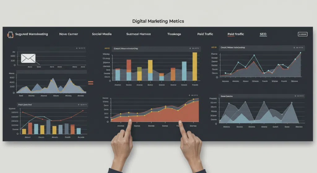 Um painel moderno de métricas de marketing digital, mostrando gráficos de barras, linhas e pizza com dados fictícios de e-mail marketing, redes sociais, SEO e tráfego pago.
