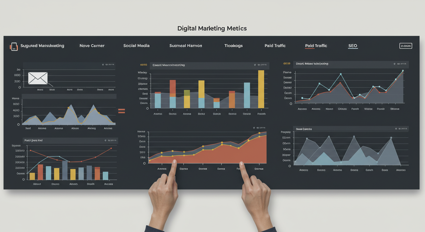 Um painel moderno de métricas de marketing digital, mostrando gráficos de barras, linhas e pizza com dados fictícios de e-mail marketing, redes sociais, SEO e tráfego pago.