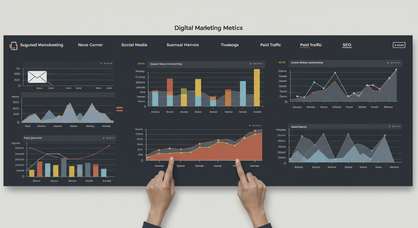 Um painel moderno de métricas de marketing digital, mostrando gráficos de barras, linhas e pizza com dados fictícios de e-mail marketing, redes sociais, SEO e tráfego pago.